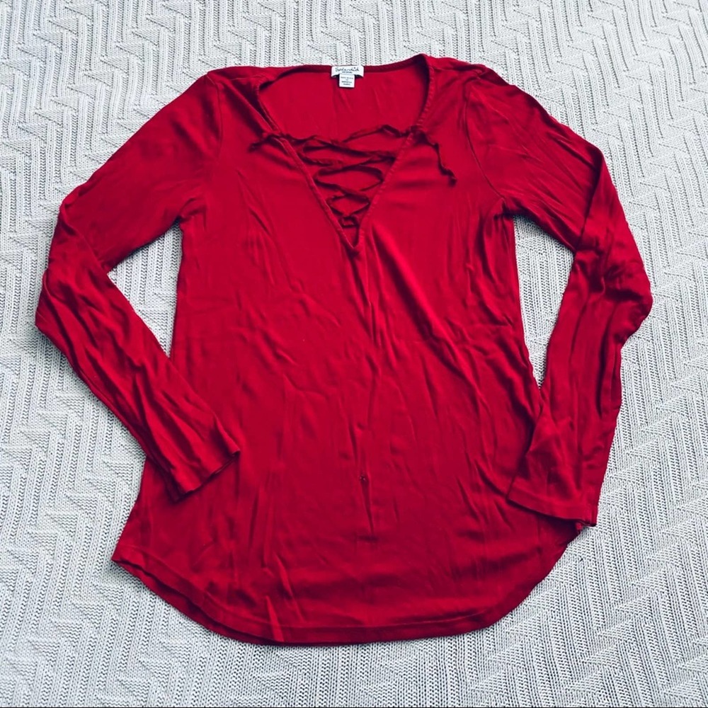 Splendid red lace up long sleeve tee